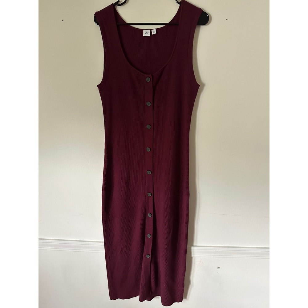 Gap Ribbed Button-Down Sleeveless Midi Dress Burgundy Red Womens Large Tall
